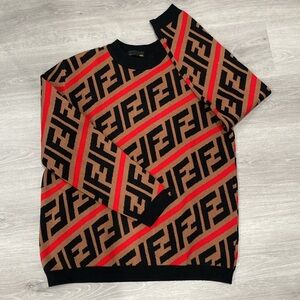 Fendi Zucca FF Logo Printed Pullover Long Sleeved Mock Sweater